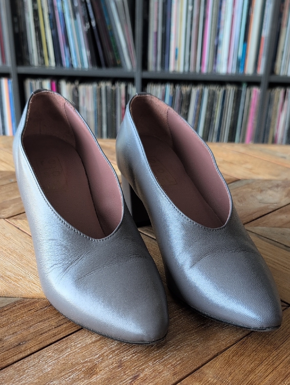 Grey Pointed Block Heel Pumps Made With Real Italian Leather
